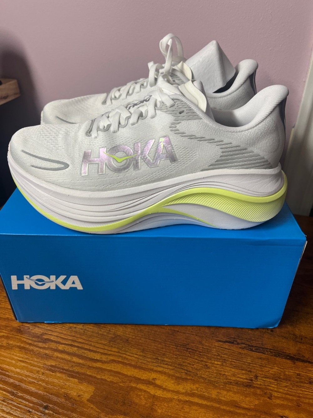 Hoka Women's White Running Shoes with Neon Yellow Accent. Size 7 1/2.